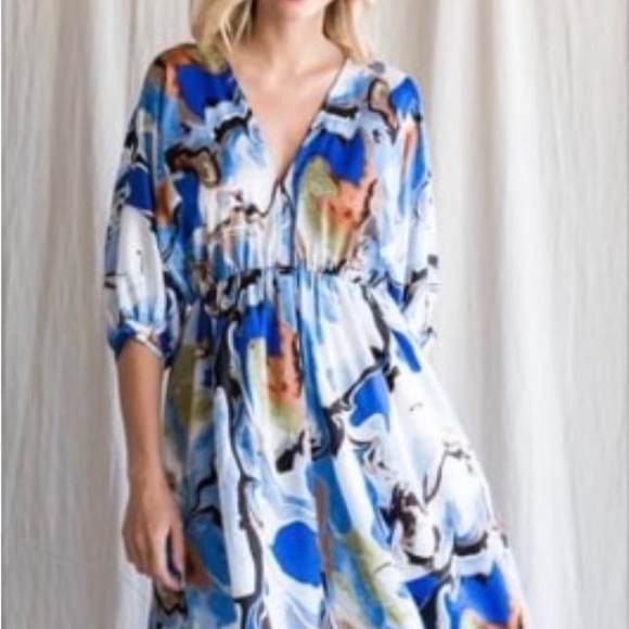 Blue Multi Satin Abstract V Neck Dress - Picture 2 of 4